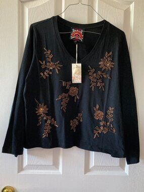 Johnny Was Femke Beaded Kimono Sleeve Tee Black Size LP-NWT